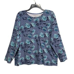 Croft & Barrow Classic Tee Shirt Women's Size 1X Blue Floral Long Sleeve Stretch